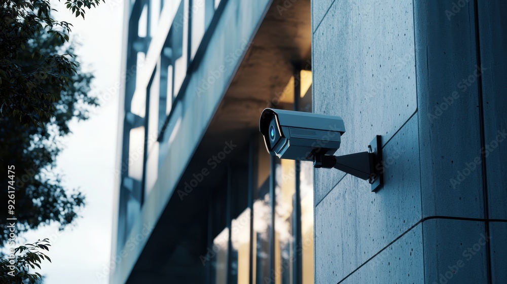 Futuristic AI-Powered Security System Monitoring Modern Building with Integrated Cameras and Sensors Futuristic AI-Powered Security System Monitoring Modern Building with Integrated Cameras and Sensors