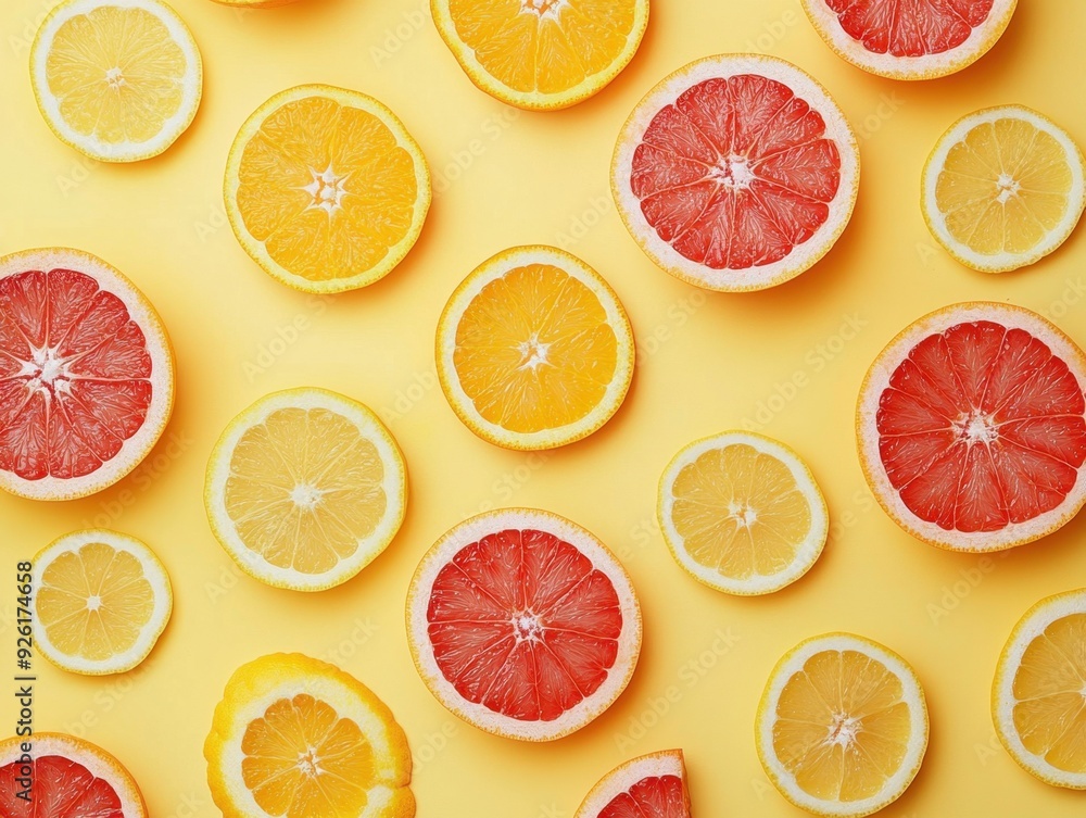 A vibrant arrangement of citrus fruit slices on a yellow background. A vibrant arrangement of citrus fruit slices on a yellow background.