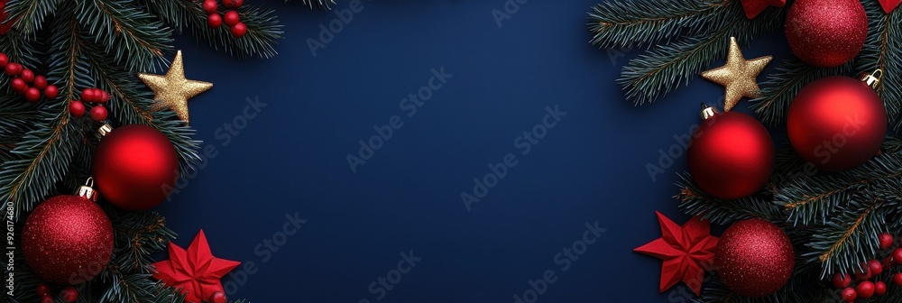 Festive Christmas Ornament and Pine Branch Border on Dark Blue Background Festive Christmas Ornament and Pine Branch Border on Dark Blue Background