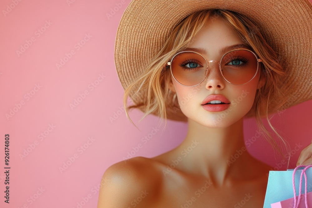 Trendy Woman with Sunglasses and Shopping Bags, Pink Background, Cheerful and Stylish Trendy Woman with Sunglasses and Shopping Bags, Pink Background, Cheerful and Stylish