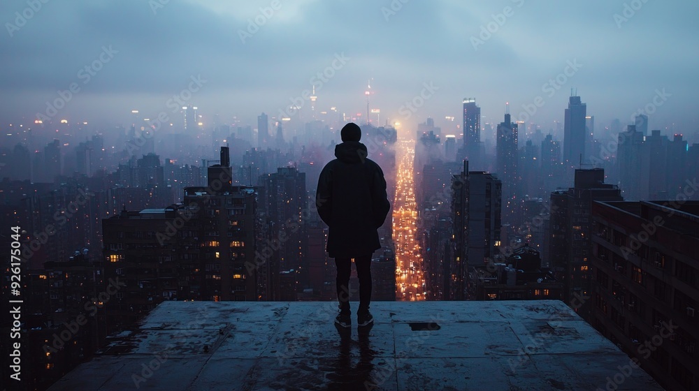 A single figure stands on a rooftop overlooking the city, the skyline stretching out beneath them, but the atmosphere conveys isolation despite the grand view. The urban expanse appears vast, but the A single figure stands on a rooftop overlooking the city, the skyline stretching out beneath them, but the atmosphere conveys isolation despite the grand view. The urban expanse appears vast, but the