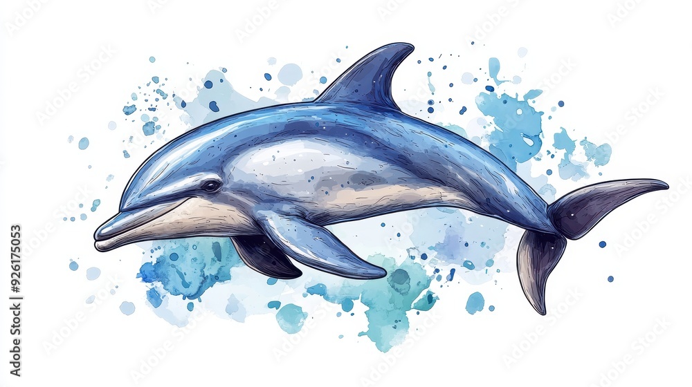 Vibrant Watercolor Illustration of a Dolphin Swimming with Blue Splash Background Vibrant Watercolor Illustration of a Dolphin Swimming with Blue Splash Background