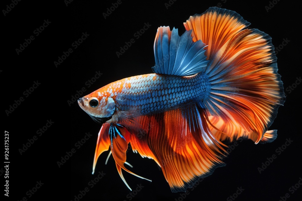 Colorful Betta Fish with Long Tail Fins in Black Background. Colorful Betta Fish with Long Tail Fins in Black Background.