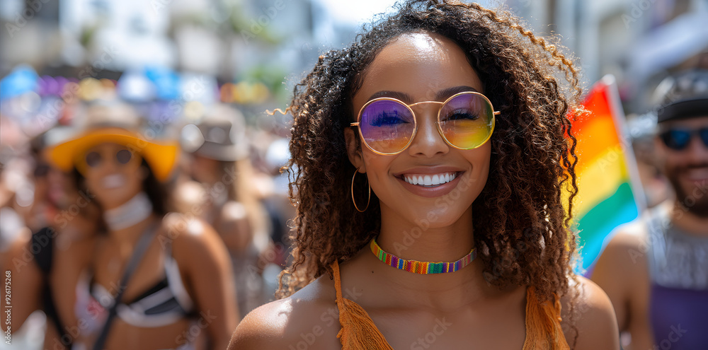 Happy Woman at a Vibrant Street Parade with Rainbow Glasses Happy Woman at a Vibrant Street Parade with Rainbow Glasses
