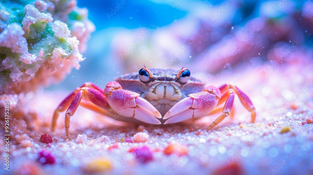 Vivid close-up of a crab positioned on a sandy bottom, eyes focused and claws slightly raised, against a backdrop of colorful coral debris Vivid close-up of a crab positioned on a sandy bottom, eyes focused and claws slightly raised, against a backdrop of colorful coral debris