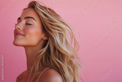 A close up of a woman's face with her eyes closed and long blond hair