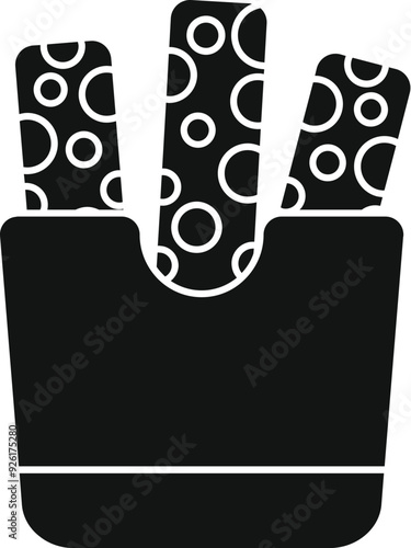 Simple vector icon of three chocolate bars dipped in sprinkles standing in a paper container