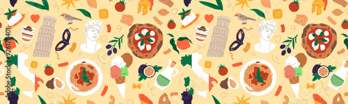 Italian food texture. Travel in Italy concept. Template for restaurant. Pizza and pasta cooking. Fresh tomato. Olive oil. Roman pattern. Ancient Pisa tower. National culture. Vector menu background