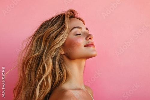 A close up of a woman's face with her eyes closed and long blond hair