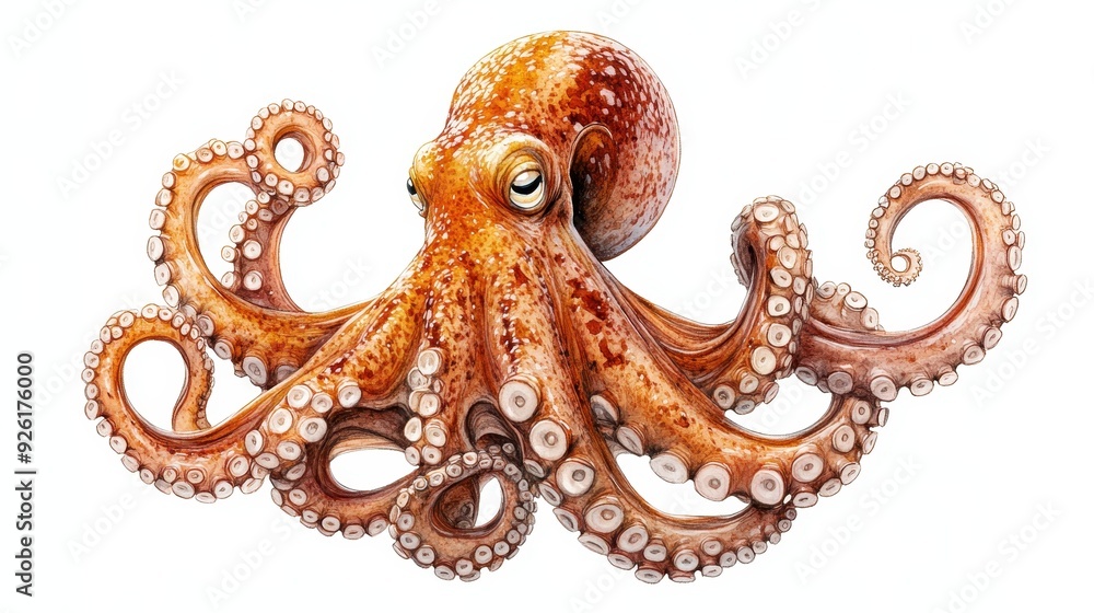 Obraz premium Detailed Illustration of a Vibrant Orange Octopus with Tentacles Spread Out Against a White Background
