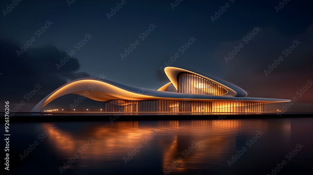 Fototapeta premium Create an ultra-realistic night image of the Sheikh Zayed Bridge, highlighting its sweeping curves and architectural lighting in red (hex D93232) and gold (hex D9A404) against its futuristic design.