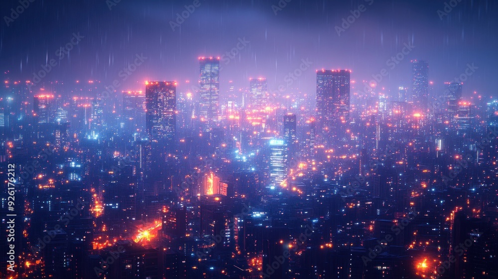 Fototapeta premium Cityscape in Rain - Neon Lights