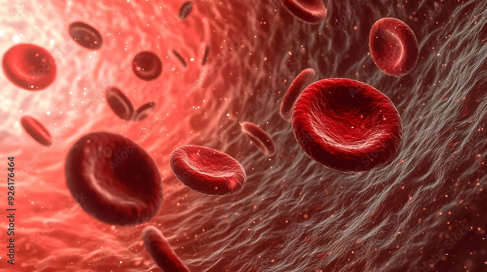 Fototapeta premium Blood Flow in Vein A close-up image of blood flowing through a vein, highlighting the movement and interaction of different blood components within the vessel. 
