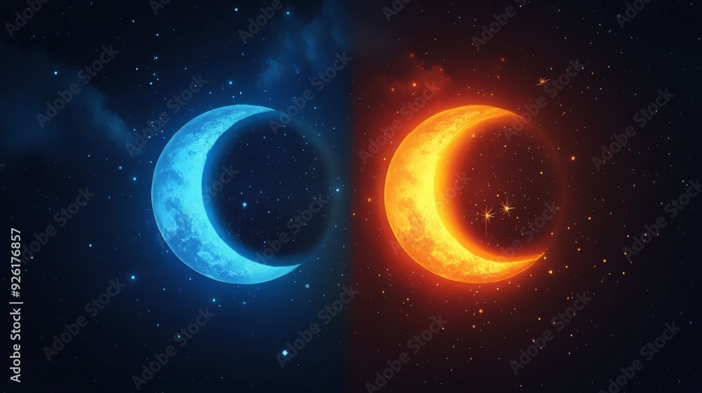 Fototapeta premium Two crescent moons, one blue and one red, juxtaposed in a star-filled sky, capturing the essence of contrast, balance, and the interaction of opposing forces.