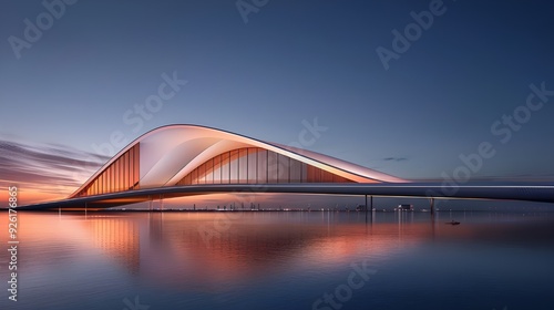 Create an ultra-realistic night image of the Sheikh Zayed Bridge, highlighting its sweeping curves and architectural lighting in red (hex D93232) and gold (hex D9A404) against its futuristic design.