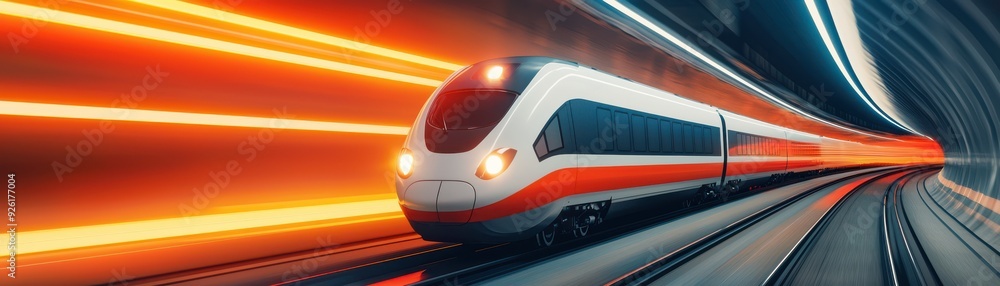 Fototapeta premium A high-speed train racing through a tunnel, showcasing advanced technology and dynamic motion with vibrant lighting effects.