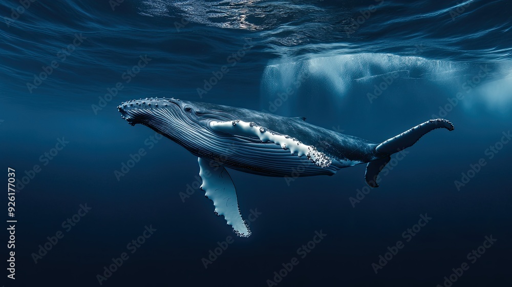 Fototapeta premium A majestic humpback whale swims gracefully underwater in the deep ocean - AI Generated Digital Art