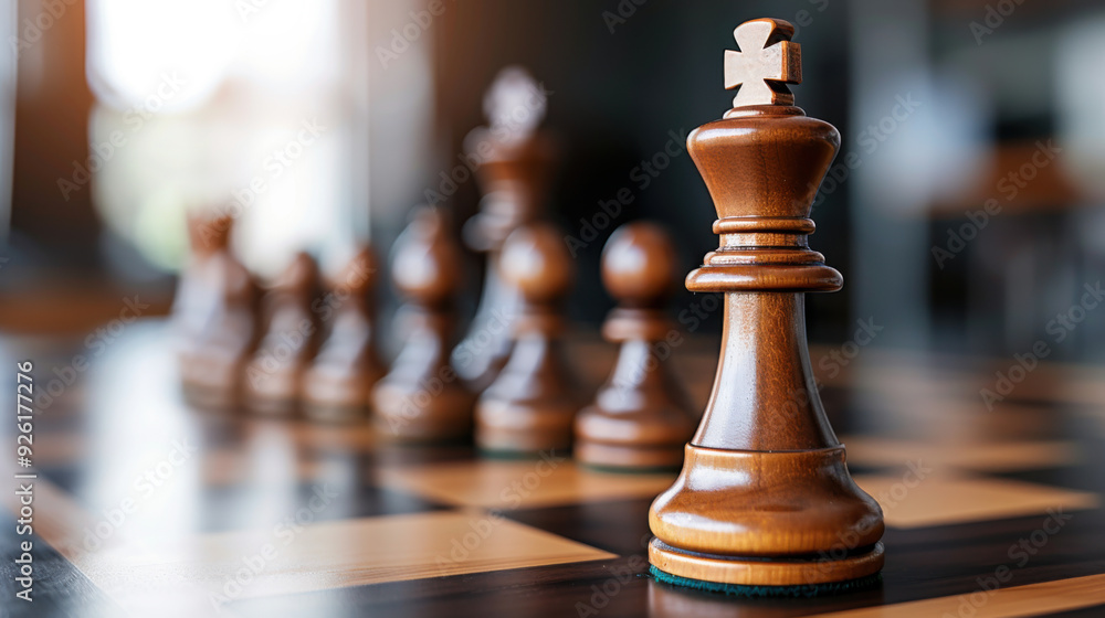 Close-up of a wooden chess king with several chess pieces in a line on a chessboard, symbolizing strategy and leadership. Close-up of a wooden chess king with several chess pieces in a line on a chessboard, symbolizing strategy and leadership.