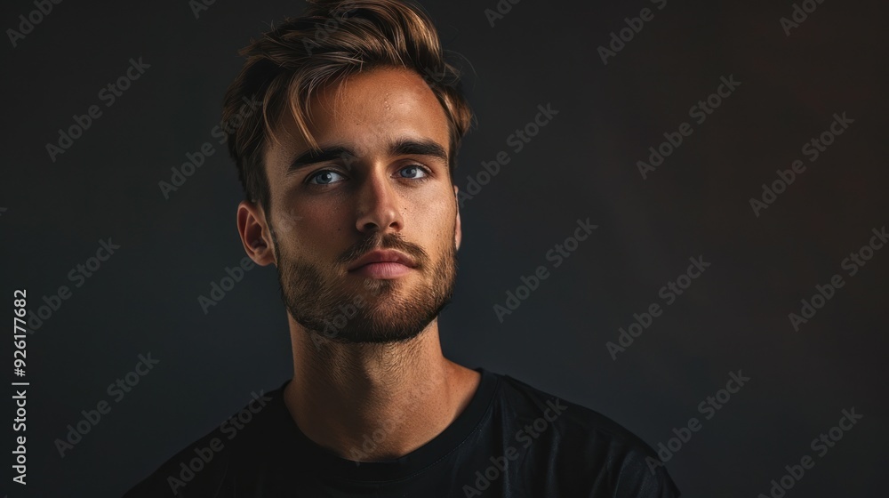 Young man with a serene expression and closed eyes standing against a solid studio background
