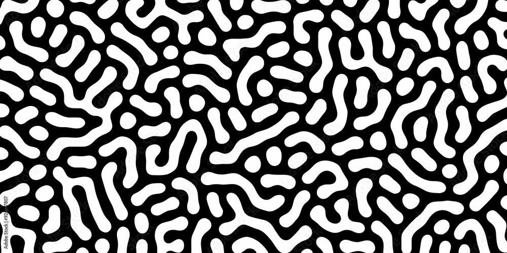 Fototapeta premium Abstract Turing organic wallpaper with background. Turing reaction diffusion monochrome seamless pattern with chaotic motion. Natural seamless line pattern. Linear design with biological shapes.