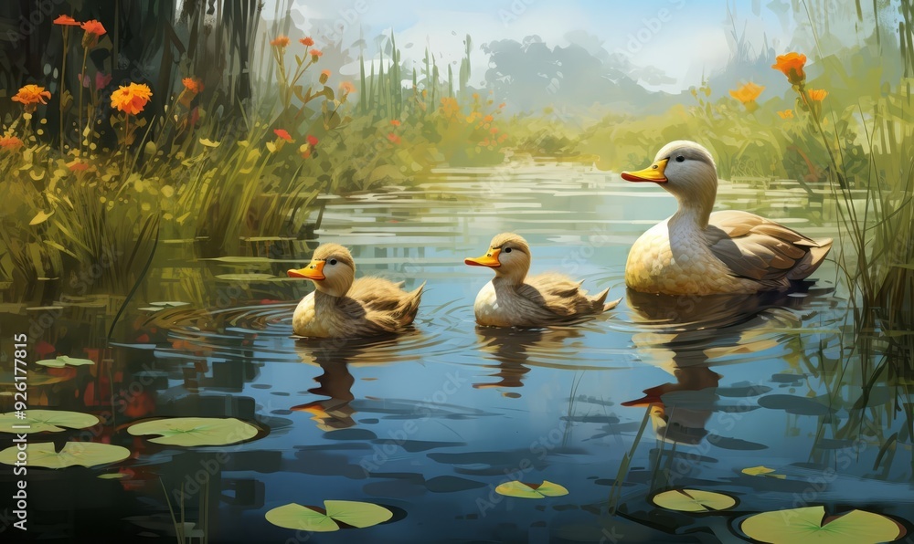 An illustration of a happy family of ducks swimming in a pond An illustration of a happy family of ducks swimming in a pond