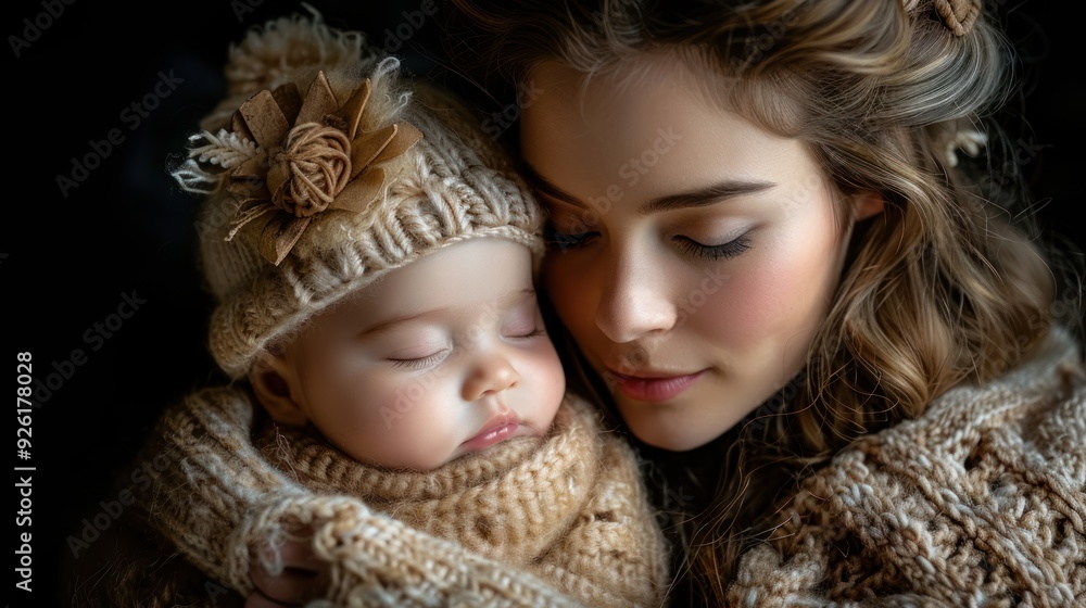 Young mother kissing newborn baby's forehead Young mother kissing newborn baby's forehead