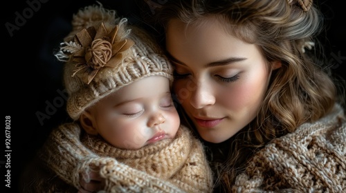 Young mother kissing newborn baby's forehead photo