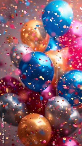 Metallic balloons in blue, pink, and gold float with colorful confetti on a pink and grey backdrop, creating a festive, vibrant atmosphere from a low perspective.