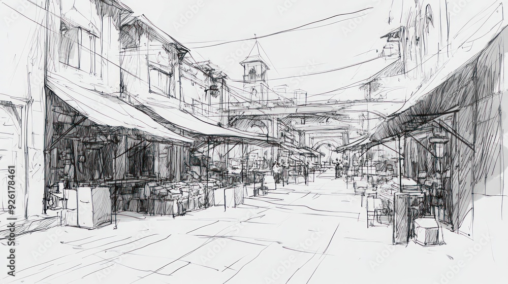 Fototapeta premium Pencil Sketch of a European Market Street
