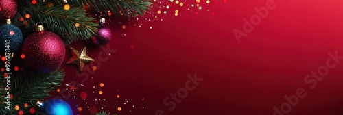 Christmas Decorations on Red Background with Confetti