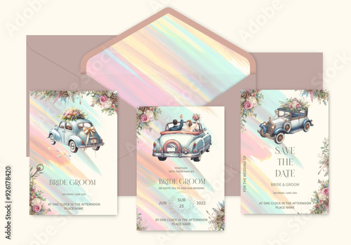 Set of elegant template wedding invitations with watercolor foliage decoration.