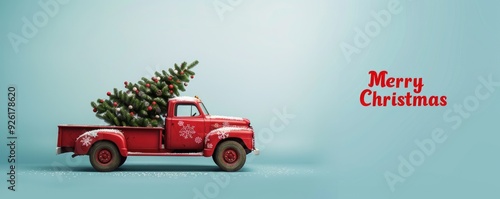 Christmas red truck with a Christmas tree in the back, with red inscription 
