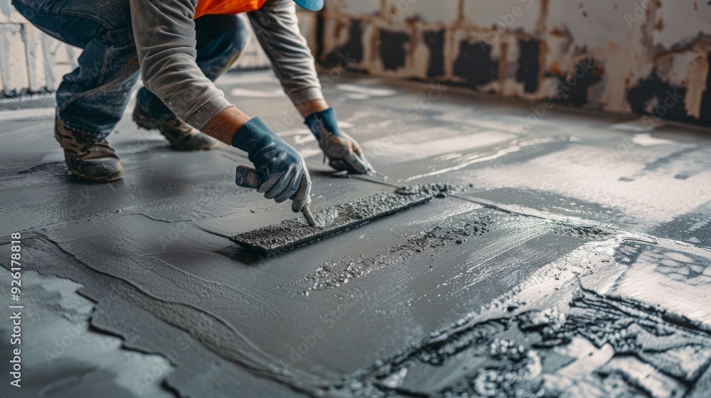 Worker in uniform spreads wet cement on floor with precision and hard work using a trowel, aiming for a smooth finish. Worker in uniform spreads wet cement on floor with precision and hard work using a trowel, aiming for a smooth finish.