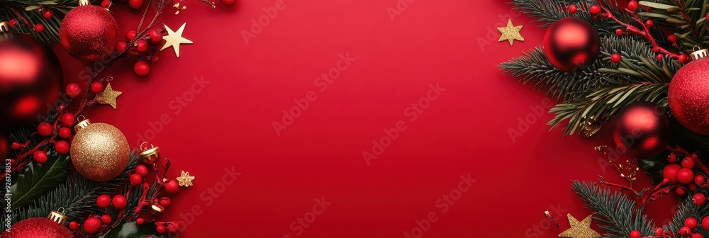 Red and Gold Christmas Decorations on a Red Background Red and Gold Christmas Decorations on a Red Background
