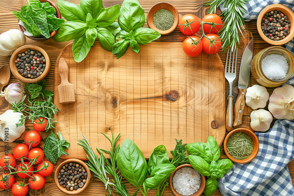 Empty wooden cutting board surrounded by fresh herbs and spices Empty wooden cutting board surrounded by fresh herbs and spices