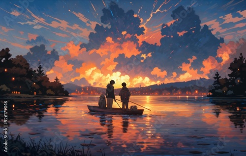 Autumn Lakeside Dusk: Reflective Serenity as the Sun's Afterglow Graces the Water, Figures Admiring the Scene in anime-style, storybook illustrations, comic strips, book illustrations and picture book photo