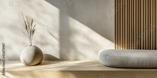 Minimalist interior design composition with a serene room corner, minimal furniture and decoration. Residential interiors in neutral colors with natural lighting.