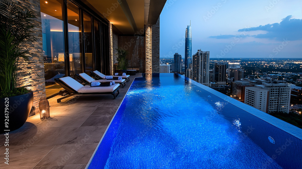 Obraz premium A hotel rooftop pool with panoramic city views