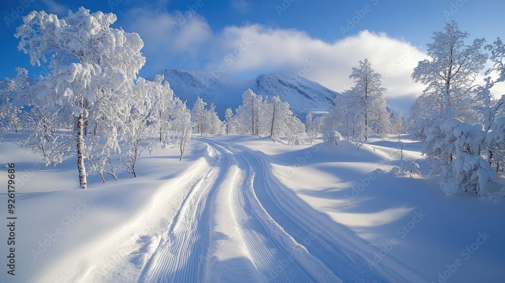 Snow Covered Landscape with Snowy Trees and Mountains Snow Covered Landscape with Snowy Trees and Mountains