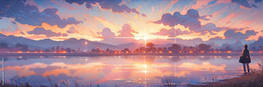 Obraz premium Autumn Lakeside Dusk: Reflective Serenity as the Sun's Afterglow Graces the Water, Figures Admiring the Scene in Anime Style, storybook illustrations, comic strips, book illustrations and picture book