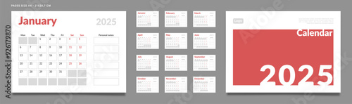 Set of 2025 Calendar Planner Template Pages Monthly, Cover with Place for Photo and Company Logo. Vector layout of a wall or desk calendar with week start Monday for printing. Page size A4-21x29.7cm