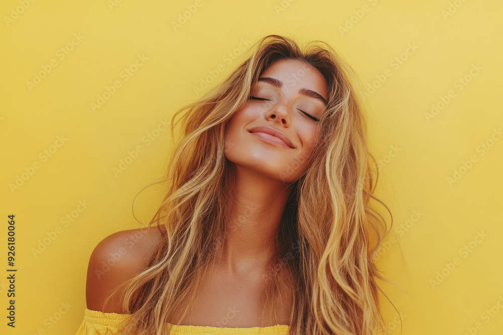 A close up of a woman's face with her eyes closed and long blond hair A close up of a woman's face with her eyes closed and long blond hair