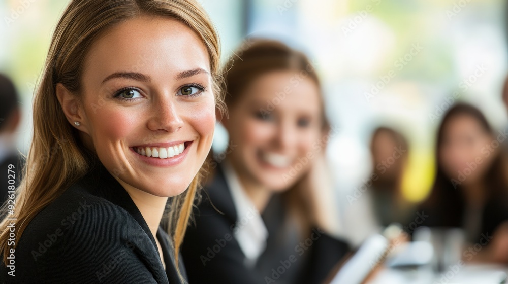 A Businesswoman Smiles Confidently During a Team Building Exercise in a Modern Office Setting A Businesswoman Smiles Confidently During a Team Building Exercise in a Modern Office Setting