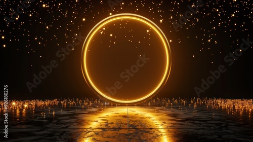 gold ring standing on the floor with light up glow bokeh shine glitter dark black background futuristic