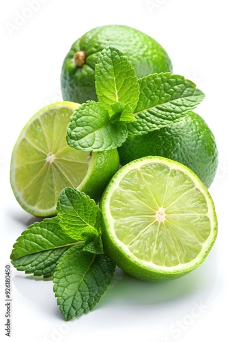 Fresh limes and mint leaves, isolated on white background