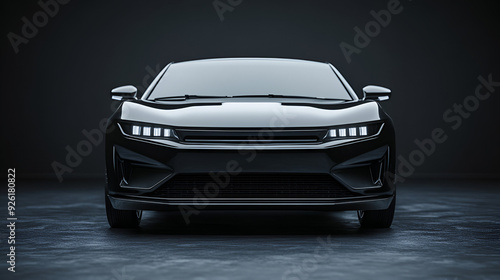 Front of a modern black compact car Front view of a generic and brand less modern car Black car front-side isolated with clipping path over white background, Generative AI