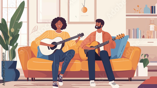 vector illustration, multiracial couple sitting in the sofa, playing guitar and singing. Relaxing hobby for multiracial couple. Man and woman sitting in living room on sofa making music. stress relief
