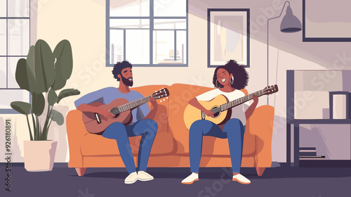 vector illustration, multiracial couple sitting in the sofa, playing guitar and singing. Relaxing hobby for multiracial couple. Man and woman sitting in living room on sofa making music. stress relief