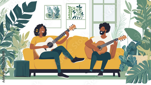 vector illustration, multiracial couple sitting in the sofa, playing guitar and singing. Relaxing hobby for multiracial couple. Man and woman sitting in living room on sofa making music. stress relief