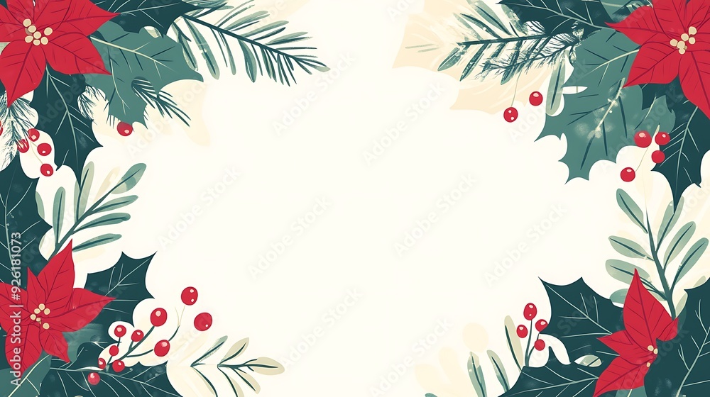 Naklejka premium Festive Christmas Card Design with Poinsettia, Holly, Mistletoe Leaves, and Tree Silhouettes in Red and Green | Vector Illustration Template for Greeting Cards | Flat Design Background
